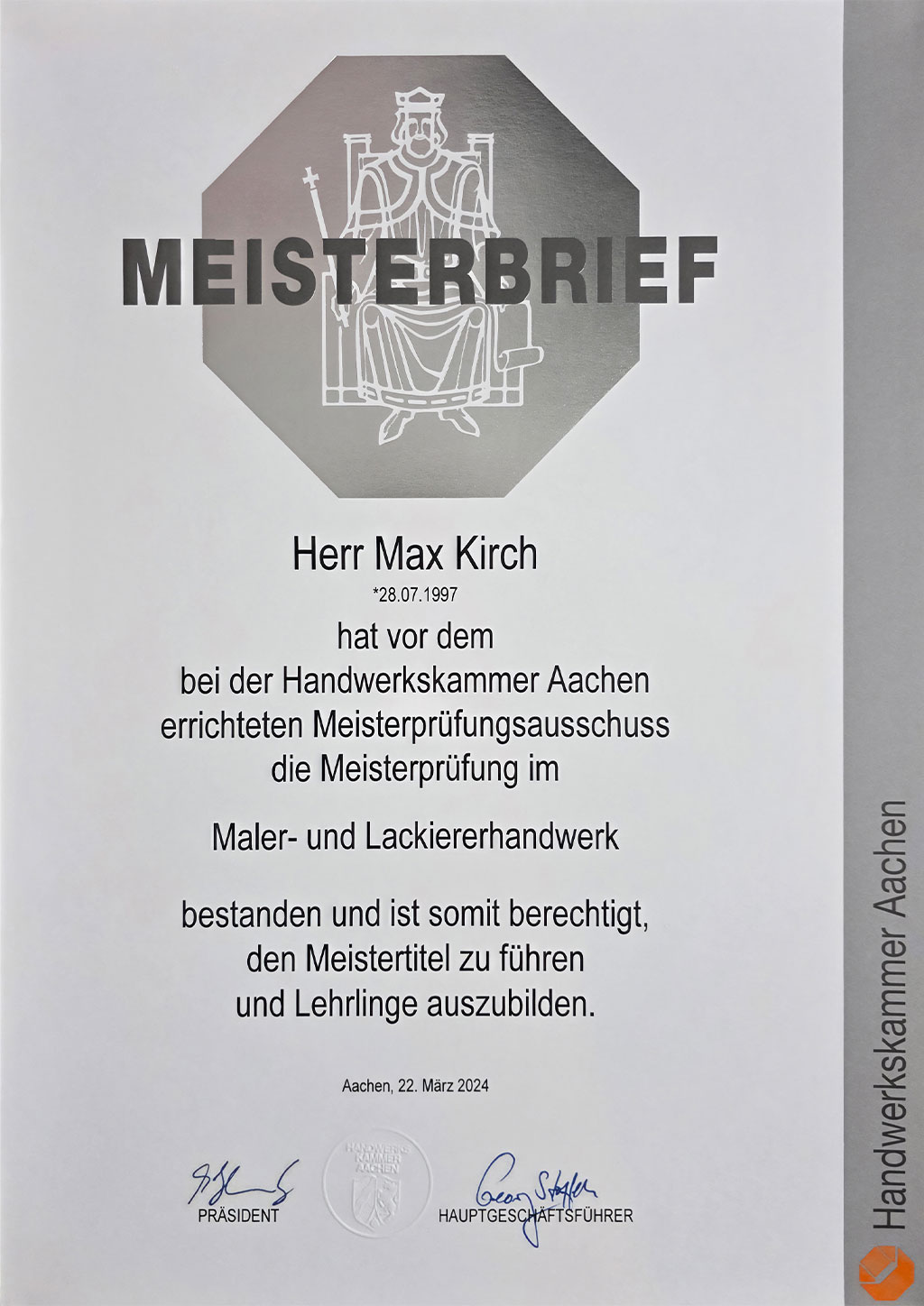 Max Kirch Meisterbrief Handwerkskammer Aachen