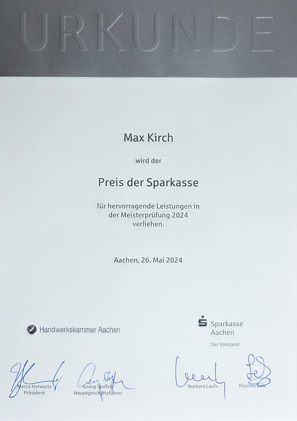 Max Kirch Urkunde Preis der Sparkasse